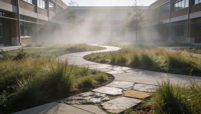 Sunlit winding stone and concrete courtyard pathway curving through misty brick campus