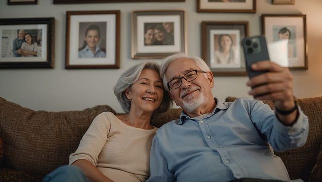 Smiling senior couple taking selfie on sofa with family portrait gallery in cozy lounge