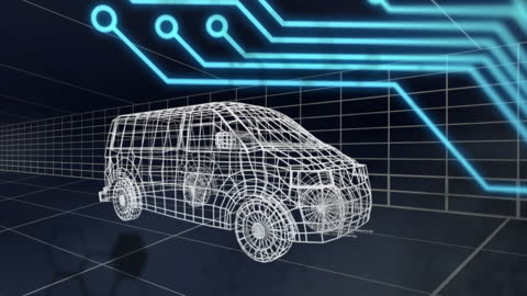 Futuristic Wireframe Van with Digital Grid and Circuit Lines