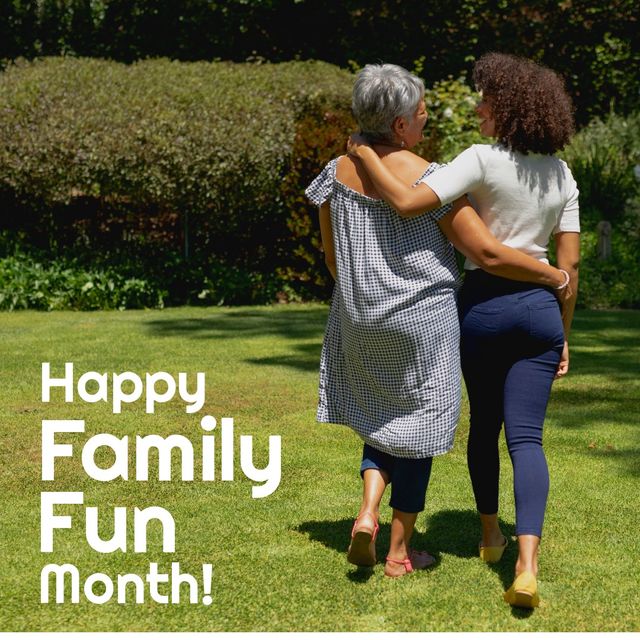 This image depicts a senior woman walking arm in arm with her adult daughter in a sunny park, celebrating Family Fun Month. Ideal for use in promotions, brochures, and social media posts that focus on family activities, building strong family relationships, and promoting outdoor health and wellness during summer.