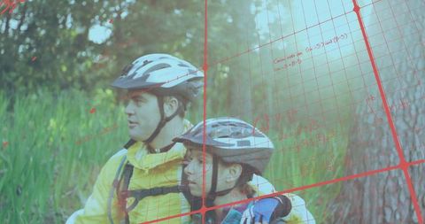 Adventurous Couple Exploring Forest with Technological Overlay