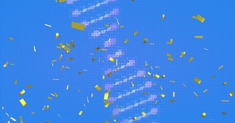 DNA Helix with Gold Confetti on Blue Background