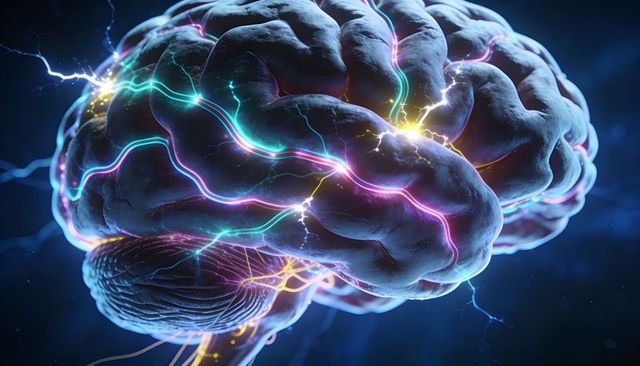 Neural brain illustration with neon electrical currents, glowing synapses and cerebellum detail