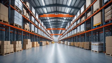 Modern Warehouse Aisle with Pallet Racks and LED Lighting - Download Free Stock Images Pikwizard.com