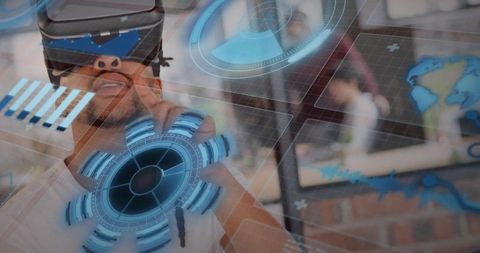 African American Man Engaged with Virtual Reality Holographic Interface