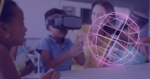 Students use VR headsets in a classroom while a female teacher guides them. A neon 3D shape appears in VR space, highlighting interaction with virtual worlds. Useful for illustrating innovation in education, STEM learning environments, or classroom technology integration.