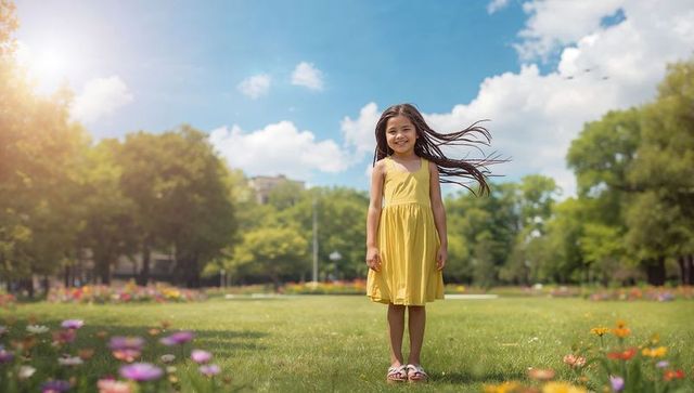 Standing girl wearing yellow dress on sunlit urban park lawn with wildflowers