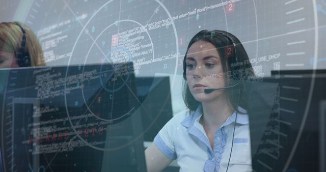 Young Woman with Headset Working on Computer with Cybersecurity Interface - Download Free Stock Images Pikwizard.com