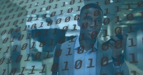 Business Professional Engaging with Digital Technology and Binary Code