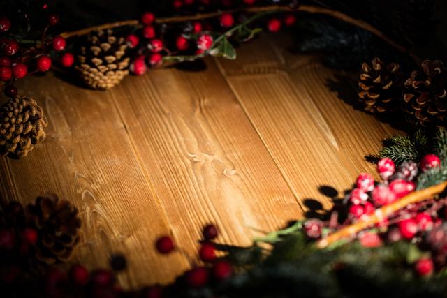 Christmas decorations on wooden plank during christmas time
