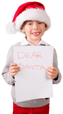 Caucasian Boy Holding Letter for Santa on Transparent Background