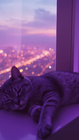 Vertical video showing sleeping tabby on windowsill with purple city bokeh at dusk