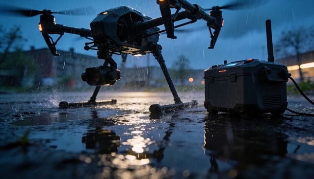 Heavy-duty multirotor drone resting on wet tarmac at dusk with gimbal and controller