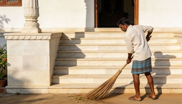 Man sweeping white marble steps with long traditional broom in sunlit courtyard porch