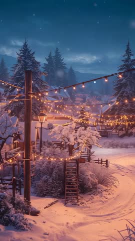Vertical pan through snow-covered village lit by warm string lights at dusk, festive mood