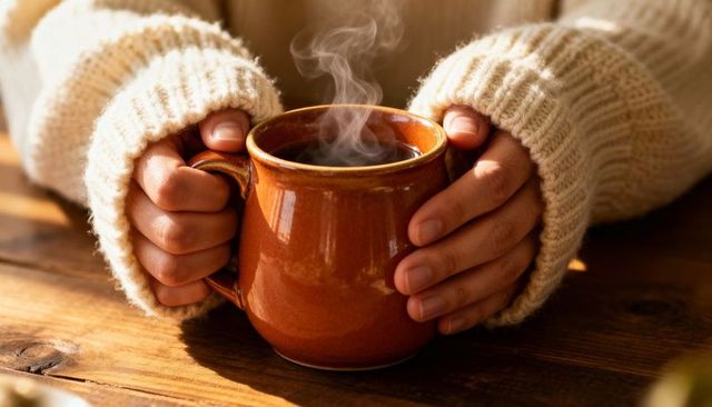 Cradling hands holding steaming ceramic mug chunky knit sweater warm morning light
