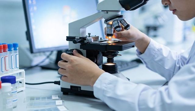 Researcher Examining Slide Under Microscope in Clinical Laboratory Close-Up with Vials