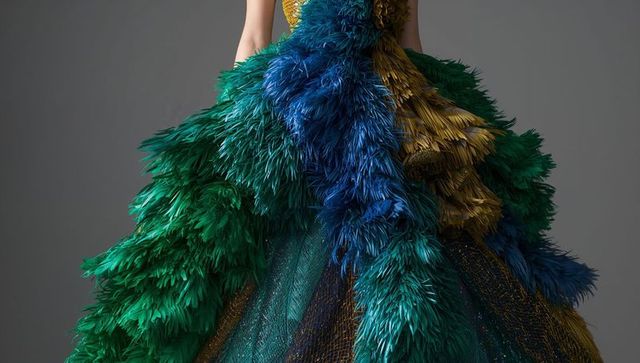Feathered haute couture gown showcasing emerald teal blue gold plumes and luxurious detail