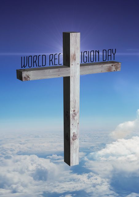 Wooden cross floating in sky with text 'World Religion Day' against blue sky and clouds. Sunlight radiating behind cross showing spiritual and peaceful atmosphere. Suitable for World Religion Day celebrations, spiritual messages, religious events, and faith-based discussions.