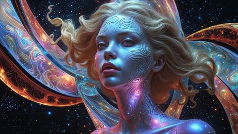 Celestial venus being with flowing hair embellished by cosmic ribbons