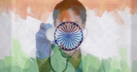 Doctor Holding Stethoscope Overlaid on Indian Flag