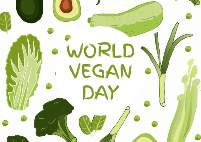 Ideal for promoting World Vegan Day, this illustration features various green vegetables such as broccoli, avocado, lettuce, and leeks. Perfect for vegan blogs, nutrition websites, and social media posts to encourage plant-based eating and healthy living.