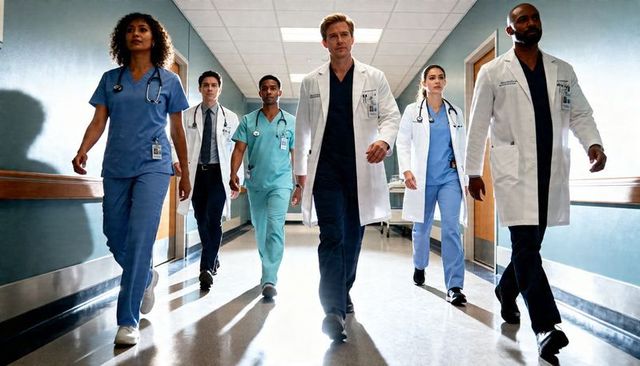 Multidisciplinary medical team walking confidently down hospital corridor leading patient care