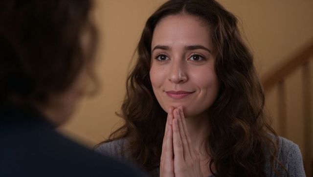 Woman pressing hands together in warm interior, hopeful expression, intimate soft light