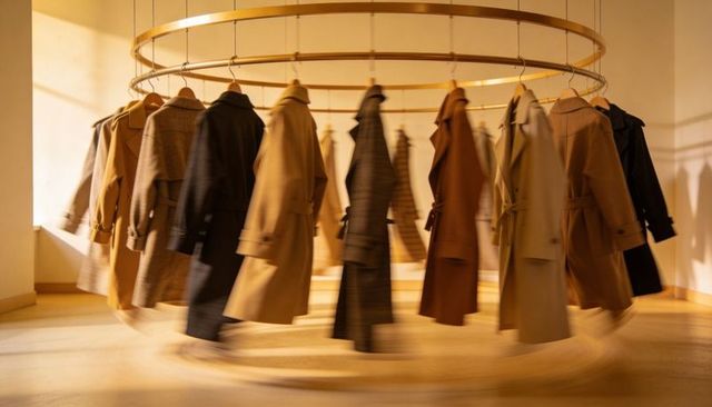 Rotating circular brass rack showcasing trench coats in warm minimalist boutique display