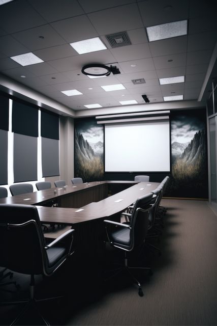 Spacious conference room featuring a large projector screen, surrounded by modern chairs and unique wallpaper depicting mountains. Ideal for presentations, corporate meetings, and professional gatherings. The contemporary office setting suggests use in business-related content, office decor inspiration, or workplace culture promotions.