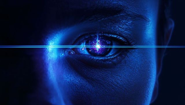 Futuristic cybernetic eye glowing with neon circuitry and lens flare, extreme close-up gaze