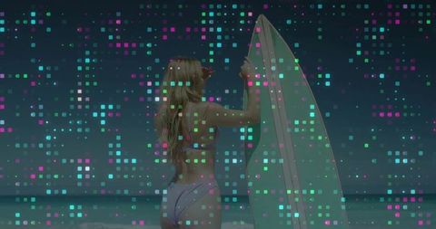 Surfer woman holding surfboard at dusk with neon pixel glitch overlay for lifestyle branding