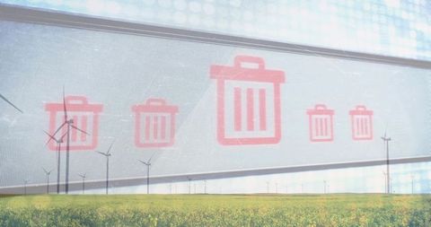 Red trash icons overlaying wind turbine landscape with canola field and digital interface
