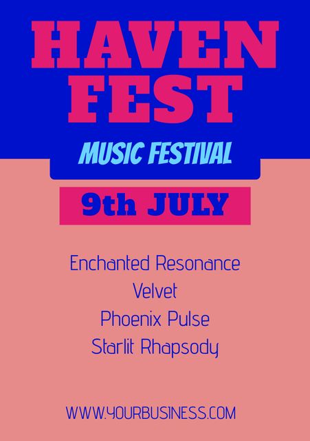 Poster with bold, colorful text advertising Haven Fest Music Festival on July 9th. Features band names like Enchanted Resonance, Velvet, Phoenix Pulse, and Starlit Rhapsody. Ideal for promoting music festivals, concerts, or summer events. Suitable for social media, flyers, and online event pages.
