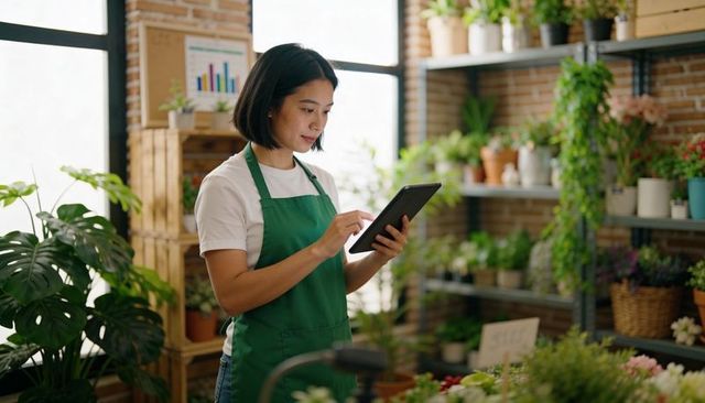 Checking tablet while organizing potted plants in urban plant shop