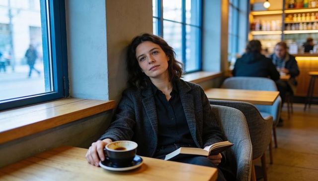 Contemplative woman reading paperback while holding coffee, leaning by window in cozy urban cafe