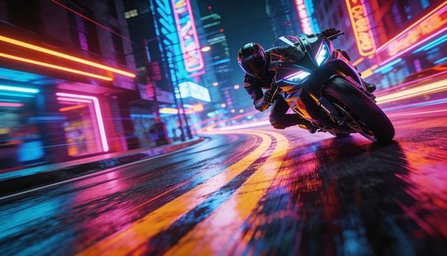 Leaning sport bike rider carving wet neon city curve, high-speed night urban motion blur