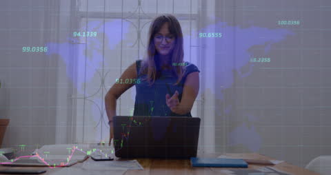 Businesswoman Using Laptop with Digital Data Visualization Overlay