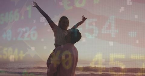 Romantic Couple at Sunset Beach with Financial Market Overlay