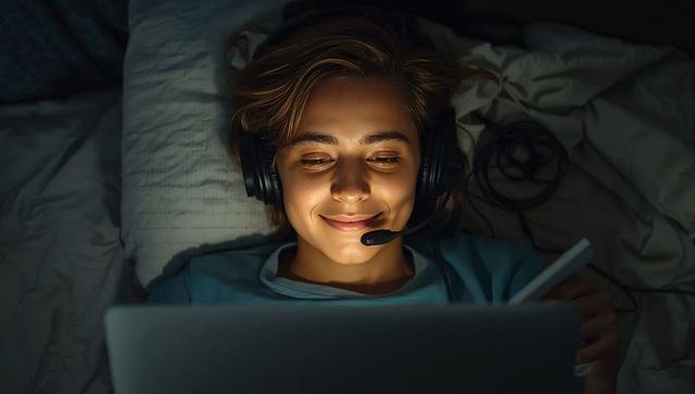 Teenager studying late night on laptop with headset and stylus, cozy bedroom glow
