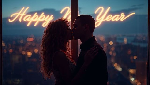 Silhouette kissing couple by neon happy new year sign over city skyline at dusk night