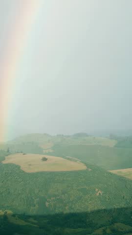 Vertical aerial video showing rainbow arching over sunlit rolling fields during showers