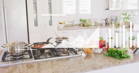Sunlit modern kitchen island with gas cooktop, fresh produce and data overlay