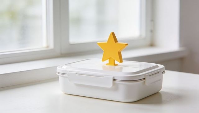 Minimalist white lunchbox sitting on sunlit windowsill with yellow star topper