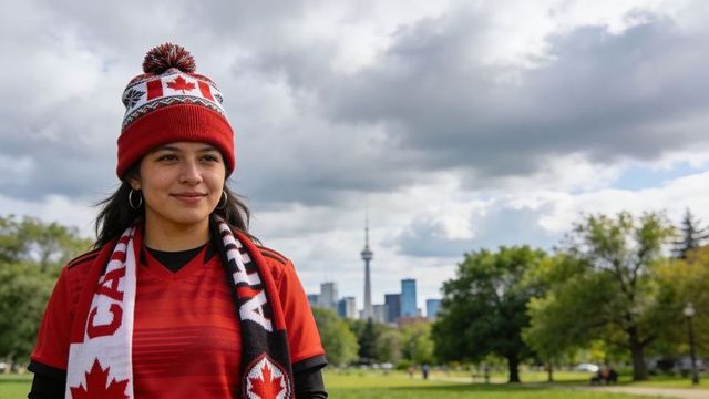Canadian soccer fan wearing maple beanie and scarf with toronto skyline and cn tower