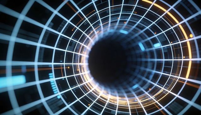 Futuristic rotating digital tunnel with glowing grid and data rings for ai network visuals