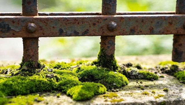 Moss-covered rusted iron railing on weathered stone ledge close-up rivets and texture