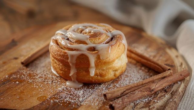 Glazed cinnamon roll with dripping icing on rustic wooden board and cinnamon sticks