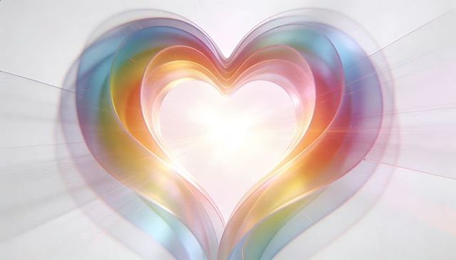 Iridescent glass heart emitting soft radiant light and colorful rays for love concepts