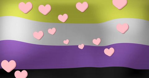 Non-Binary Pride Flag with Floating Pink Hearts